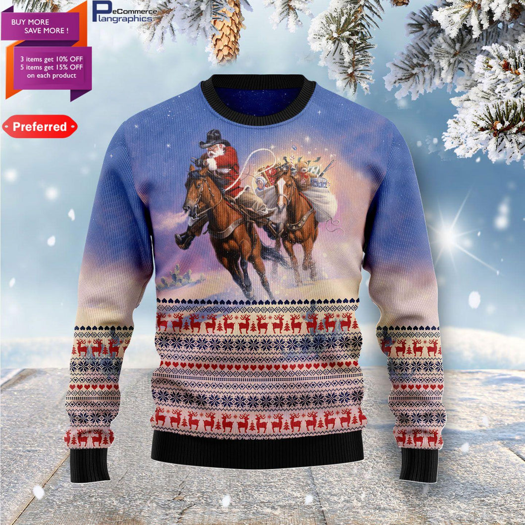 Cowboy Santa Claus Ugly Christmas Sweater, All Over Print Sweatshirt